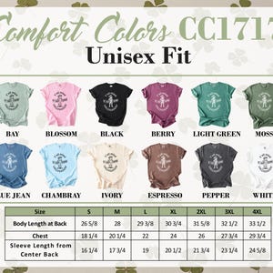 Comfort Colors CC1717 unisex t-shirt in 9 colors, with size chart.