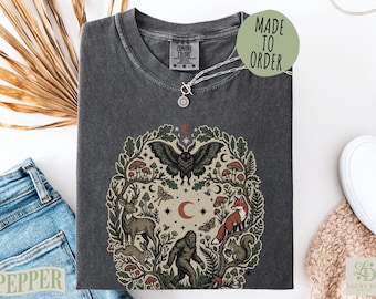Forest Friends Cryptid Mothman Bigfoot Shirt, Cottagecore Forestcore Folklore, Vintage Folk Horror