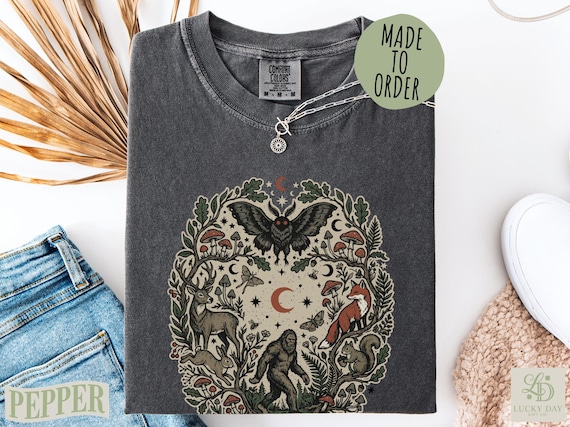 Forest Friends Cryptid Mothman Bigfoot Shirt, Cottagecore Forestcore Folklore, Vintage Folk Horror