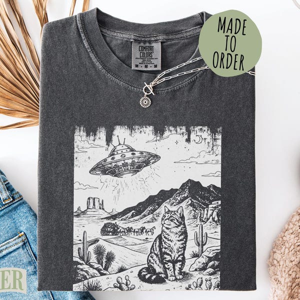 Cowboy Cat UFO Comfort Colors®, Retro Vintage Space Rodeo Shirt, Funny Sarcastic Meme Top, Cute Galactic Kitten Gift for Her