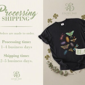 Black t-shirt with colorful insects, text "LUCKY DAY GIFT CO."