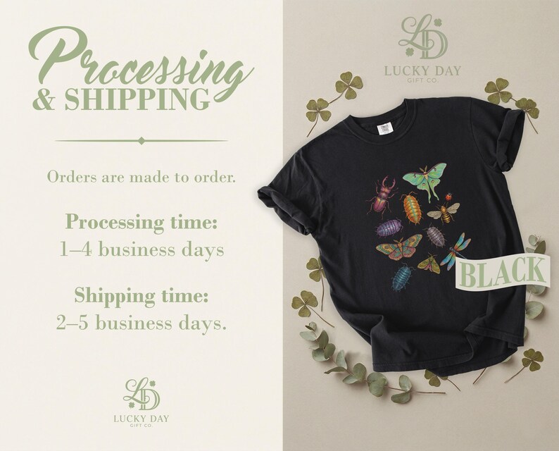 Black t-shirt with colorful insects, text "LUCKY DAY GIFT CO."