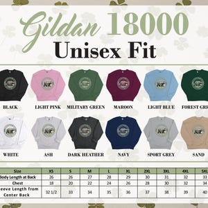 Gildan 18000 Unisex Fit sweatshirt colors and size chart.