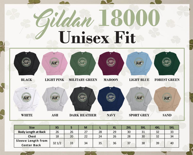 Gildan 18000 Unisex Fit sweatshirt colors and size chart.