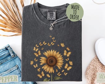 Sunflower Butterfly Cottagecore Floral Comfort Colors Shirt, Botanical Aesthetic Nature Top, Cute Wildflower Garden Gift