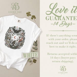 White t-shirt with nature-themed graphic and "Love it GUARANTEE -14 Days" text.