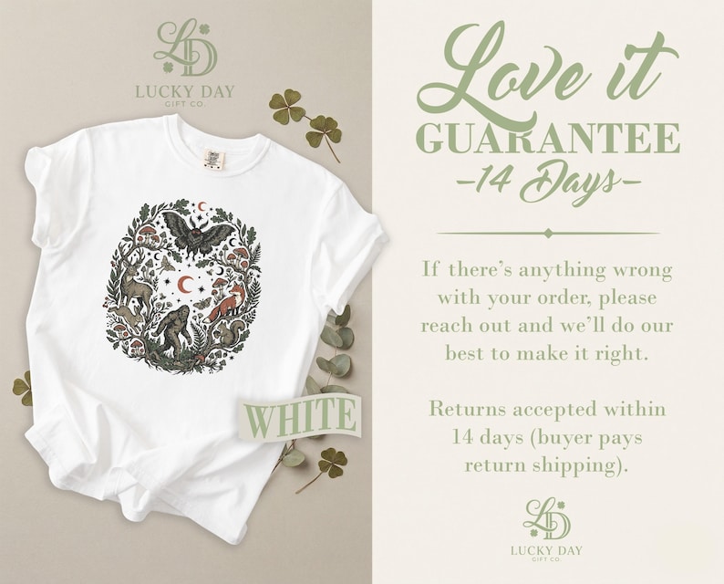 White t-shirt with nature-themed graphic and "Love it GUARANTEE -14 Days" text.