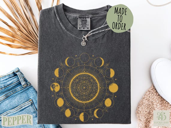 Moon Phases Celestial T-Shirt, Boho Spiritual Moon Cycle Mandala Tee, Mystical Sun Star Goddess Cosmic Astrology Witchy Shirt