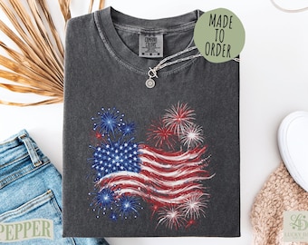 Comfort Colors® 4th Of July Fireworks USA Shirt, Vintage Patriotic Red White Blue Top, Independence Day Freedom Celebration Gift