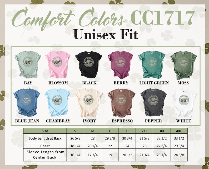 T-shirts with National Parks graphic in multiple colors and size chart.