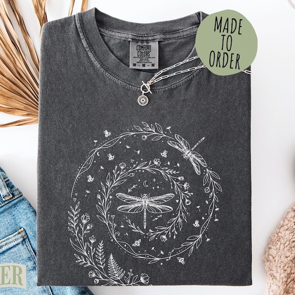 Comfort Colors® Dragonfly Nature Shirt, Cute Wildflowers Aesthetic Top, Cottagecore Gardening Tee, Botanical Dandelion Gift for Her