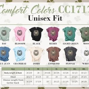 Comfort Colors CC1717 Unisex Fit t-shirt color chart and size guide.