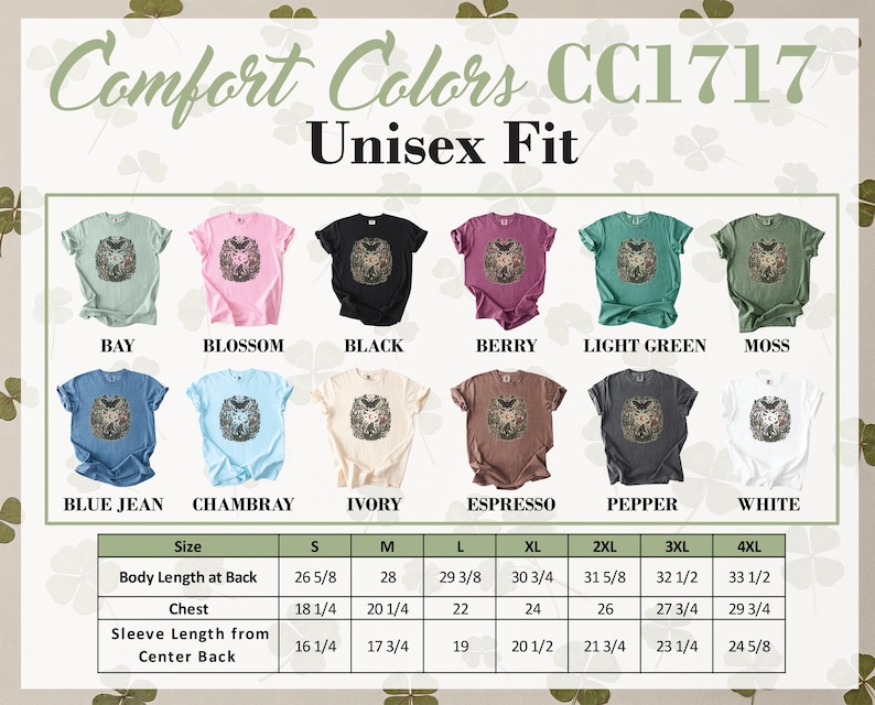 Comfort Colors CC1717 Unisex Fit t-shirt color chart and size guide.