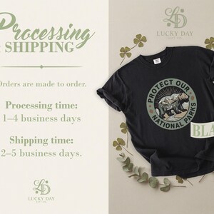 Black t-shirt with "Protect Our National Parks" graphic, set against clover leaves.