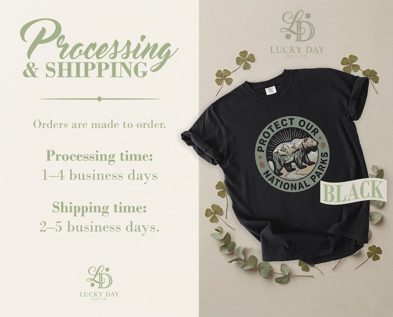 Black t-shirt with "Protect Our National Parks" graphic, set against clover leaves.