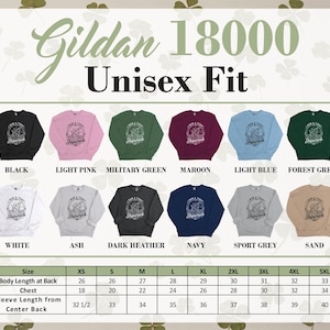 Gildan 18000 Unisex Fit t-shirts in various colors with size chart.