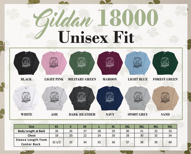 Gildan 18000 Unisex Fit t-shirts in various colors with size chart.
