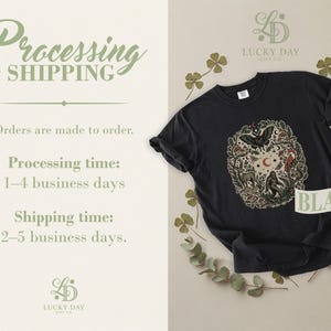 Black t-shirt with nature-themed graphic, product details, and company logo.