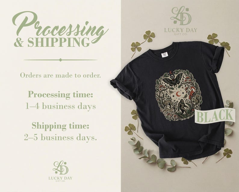Black t-shirt with nature-themed graphic, product details, and company logo.