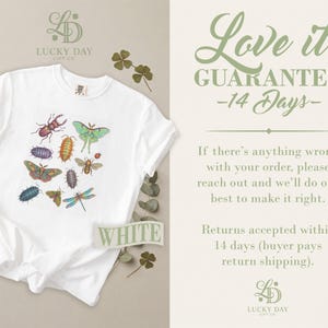 White t-shirt with colorful insect graphic, "White" text, and Lucky Day Gift Co. branding.
