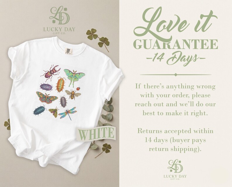 White t-shirt with colorful insect graphic, "White" text, and Lucky Day Gift Co. branding.