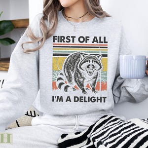 Light gray sweatshirt with a raccoon graphic and text "FIRST OF ALL I'M A DELIGHT".