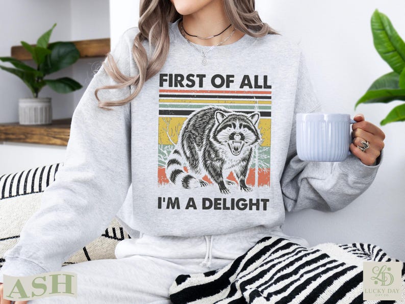 Light gray sweatshirt with a raccoon graphic and text "FIRST OF ALL I'M A DELIGHT".