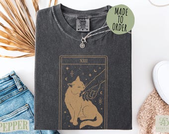 Black Cat Tarot Death Shirt, Witchy Mystical Feline Gift, Whimsical Halloween Occult Top, Spooky Aesthetic Cat Lover Apparel