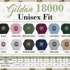 Gildan 18000 Unisex Fit sweatshirt color options and size chart.