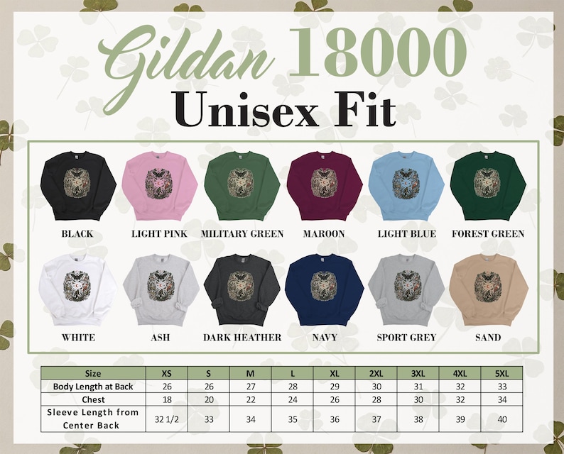 Gildan 18000 Unisex Fit sweatshirt color options and size chart.