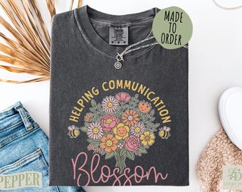 Helping Communication Blossom T-Shirt, SLP Speech Therapy Gift, Therapist Appreciation Tee, Cute Floral Communication Shirt for SLP, Kawaii