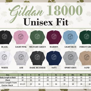Gildan 18000 Unisex Fit t-shirt colors and size chart.