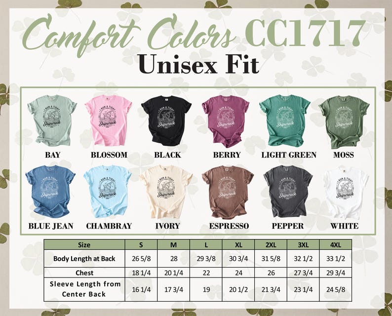 Comfort Colors CC1717 Unisex Fit t-shirts in multiple colors with size chart.