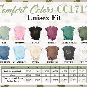 Comfort Colors CC1717 unisex t-shirts in multiple colors with size chart.