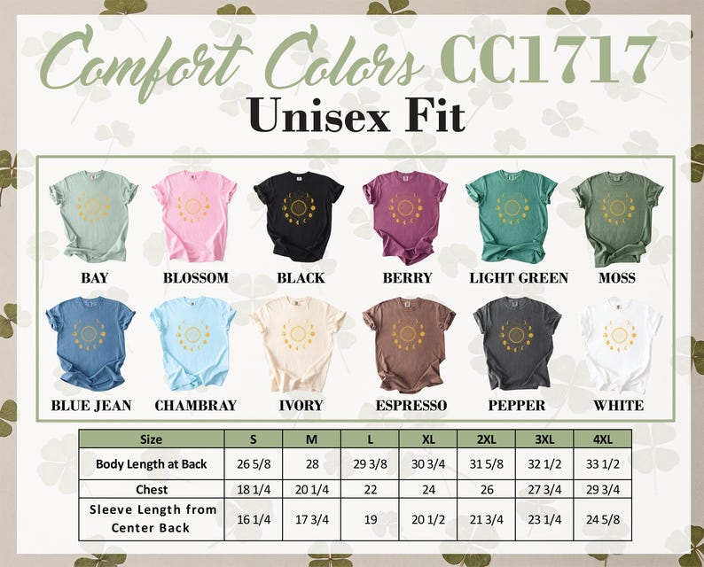 Comfort Colors CC1717 unisex t-shirts in multiple colors with size chart.