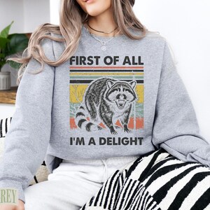 Grey sweatshirt with raccoon graphic and text "FIRST OF ALL I'M A DELIGHT".