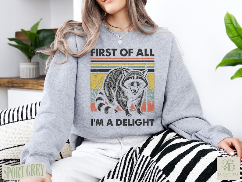 Grey sweatshirt with raccoon graphic and text "FIRST OF ALL I'M A DELIGHT".