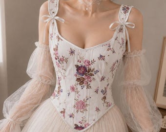 Corsettop met bloemen voor dames, vintage romantisch lijfje, feeënoutfit met kanten mouw-korsettop-cadeau voor haar-vintage korsettop met bloemen voor dames