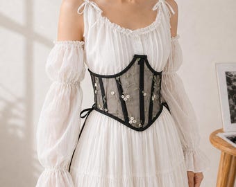 Bloemen geborduurde mesh korset riem, Cottagecore taille cincher voor vrouwen, Boho esthetische bruids bruiloft outfit cadeau voor haar-verjaardagscadeau