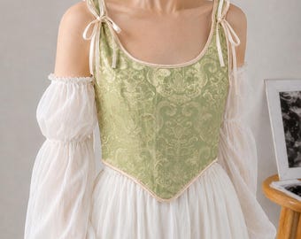 Corsettop met brokaat, renaissance lijfje, cottagecore-top met bloemenvetertjes, Fairycore-festivaloutfit voor dames - vintage korsettop met bloemen voor dames