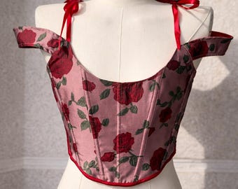 Roze korsettop bloemen bustier crop top, roze satijnen look vetersluiting, romantische date-night outfit-vintage bloemen korsettop voor vrouwen