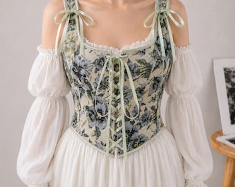 Vintage bloemencorsettop, bustier met vetersluiting en strikbandjes - bloemencorsettop - rode bloemencorset - crop top met korset