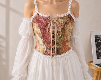 Vintage Floral Corset Top for Women,Cottagecore Lace-Up Bustier,Renaissance Fairy Corset,Coquette Outfit,Fairycore Festival Top,Gift for Her