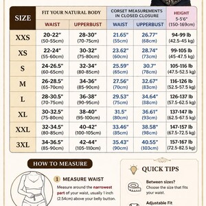 May include: Size guide for corsets, featuring measurements in inches and centimeters. Includes waist, upperbust, and height measurements, along with weight in pounds. Also shows how to measure and quick tips for choosing the right size.