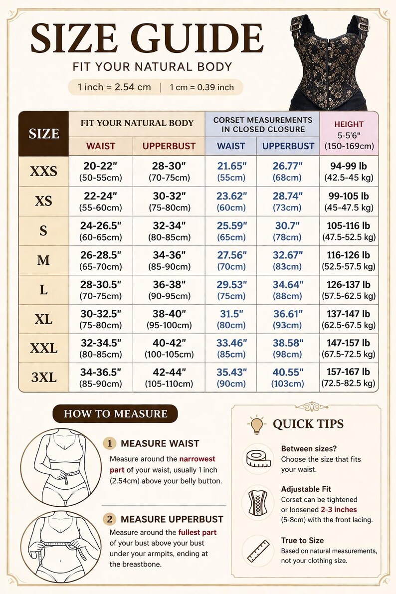 May include: Size guide for corsets, featuring measurements in inches and centimeters. Includes waist, upperbust, and height measurements, along with weight in pounds. Also shows how to measure and quick tips for choosing the right size.