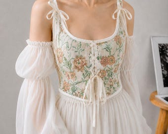Floral Corset Top,Cottagecore Bustier,Lace Up Crop Top,Vintage Floral Tank,Fairycore Summer Outfit for Women-Vintage Corset Top for Women