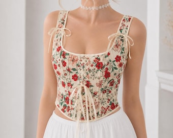 Corsettop met bloemen, crop top met veters, cottagecore-bustier, coquette zomertop voor dames-corsettopje-vintage bloemencorsettop voor dames