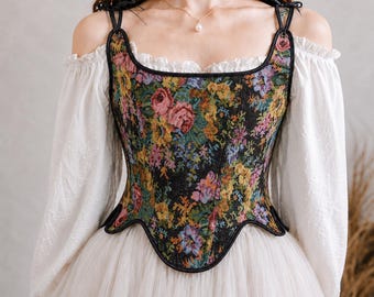 Corsettop met bloementapijt, renaissancestijlen, cottagecore-lijfje, Fairycore-corset met veters, vintage bovenborstbustier, ren faire-kostuum