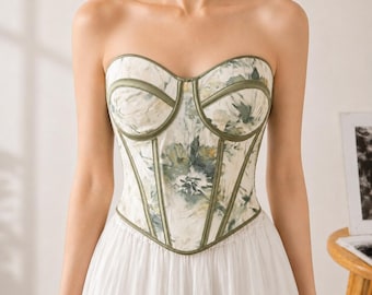Bloemencorsettop, romantische saliegroene bustier voor lente en zomer - Bloemencorsettop, groene bustiercorset, strapless top in cottagecore-stijl