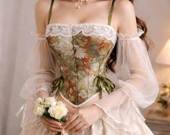 Romantic Floral Print Corset with Adjustable Ribbons – Bridal and Evening Wear-Vintage Floral Corset Top for Women-Gift for Her